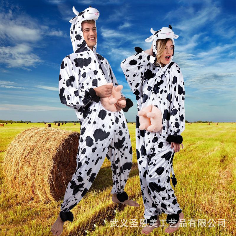 Carnival Adult Cow Cosplay Performance Animal Clothes Costumes Stage Black And White Speckle Halloween Party Masquerade Mascot Costume Show