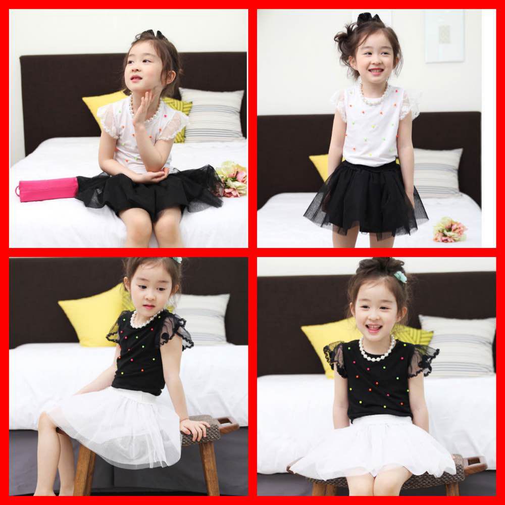 2015 New Arrival Colorful Dots Tops and Tutu Lace Skirts Puff Sleeve Blouse + Skirts Sweet Girls Summer Casual 2pcs Sets