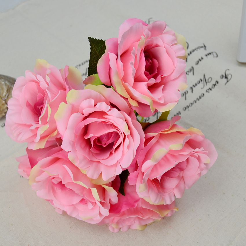 Fashion Silk Flowes 7 Heads Artificial Rose Bouquet for Hotel Restaurant Supermarket and Wedding Decoration