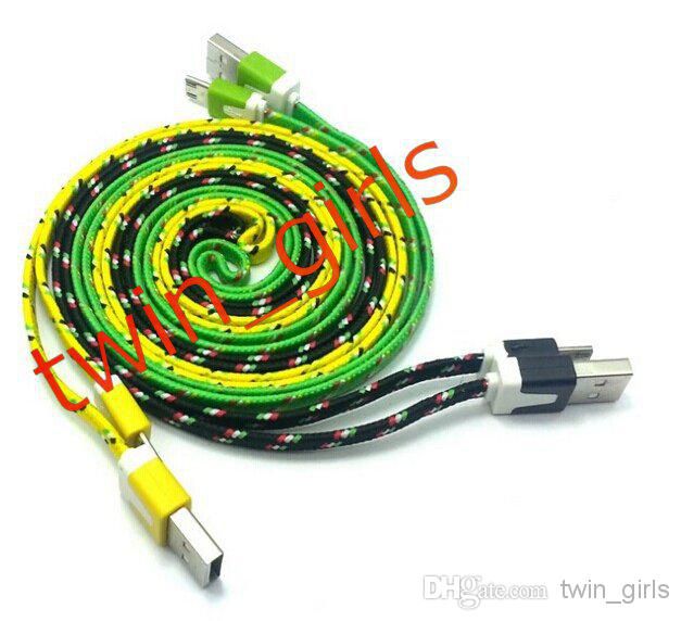 Wholesale - Noodle Braided Micro USB 2.0 Cable Sync Data Charging 1m 2m 3m Cord Flat Woven Fabric Dual Colors for Samsung Galaxy S3 S4 S5