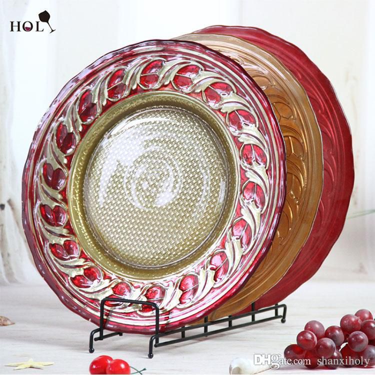 Holy Cheap Wedding Decor Red And Gold Round Glass Charger Plate For