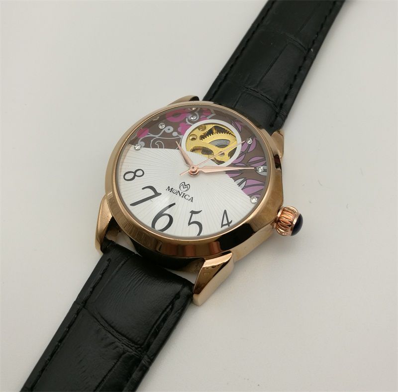 New Automatic Mechanical Watches Woman's Leather Hollowed Out Watch Fashion Muonic Brand Gold Perspective Movement watch