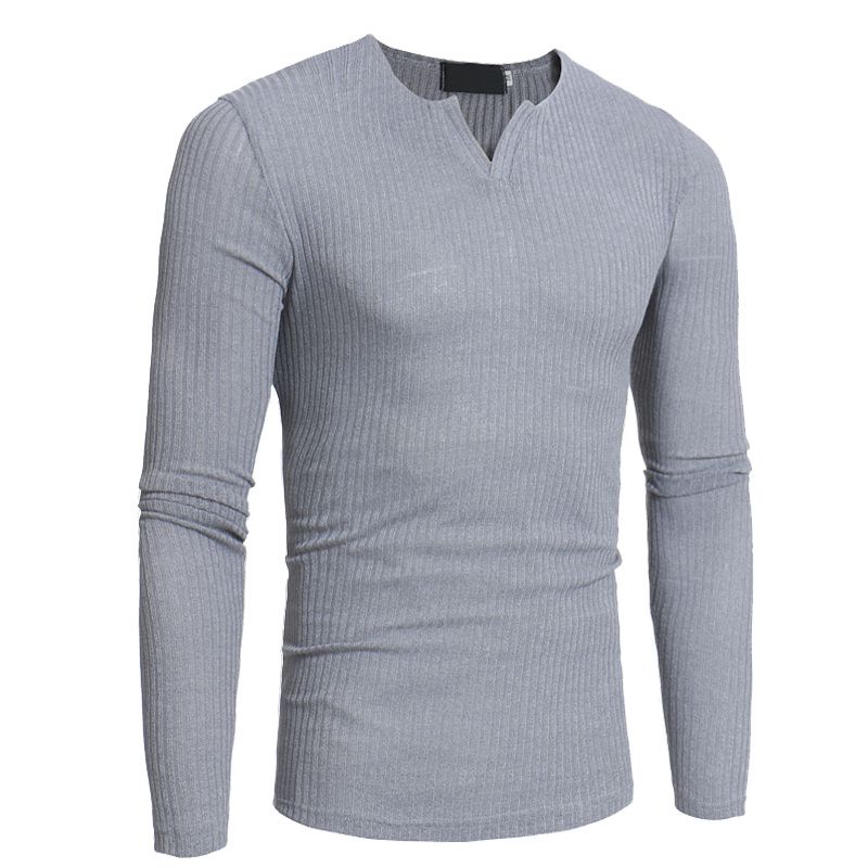 2017 new men&#039;s sweater sweater Slim stretch stripes long-sleeved T-shirt men&#039;s solid color V-neck casual fashion shirt