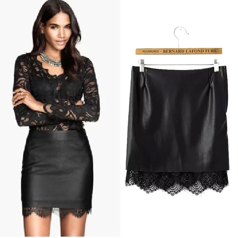 Fashion Women Faux Leather Pencil Lace Skirts Faux Leather Spliced Lace Edge Short Design Sexy And Fashion Hot Sale