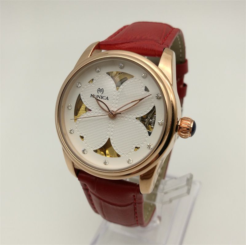 2018 New Mechanical Watches Women's Leather Automatic Fashion Brand Watces Rose Gold Red Watch With Hollow Watch
