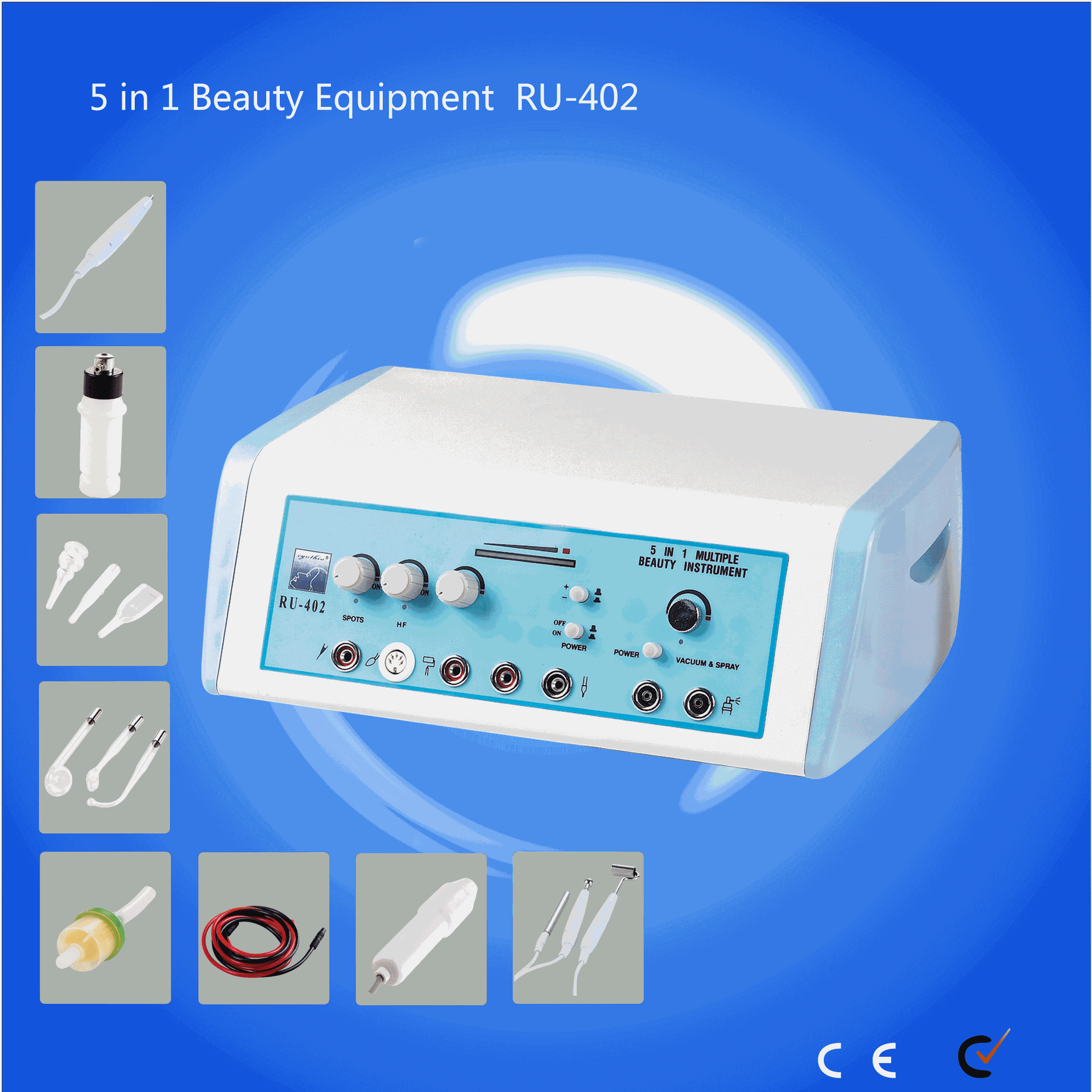 RU-402 facial machine high frequency ozone machine Galvanic probes High frequency handles Spot removal handle Vacuum glasses 5 in 1 equipme