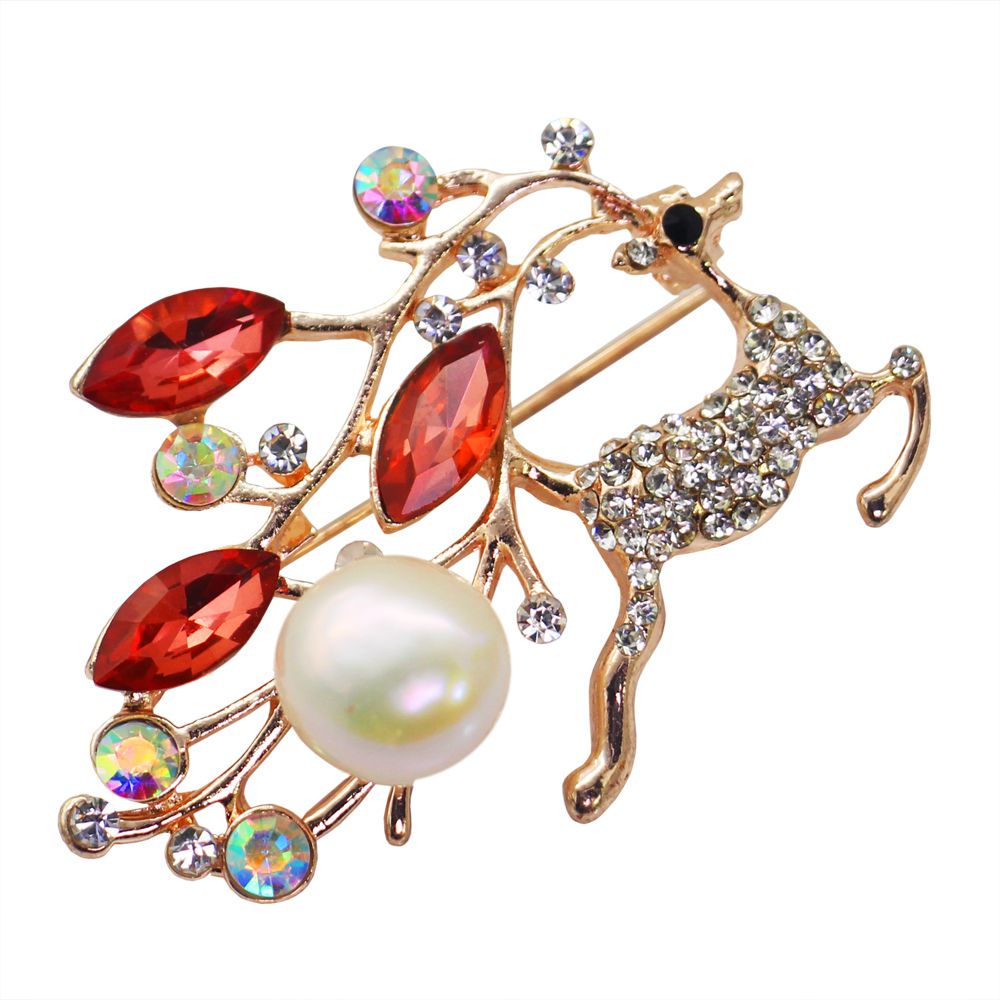 Fashion alloy pearl jewelry sika deer brooch with diamonds and zircon freshwater pearl brooch