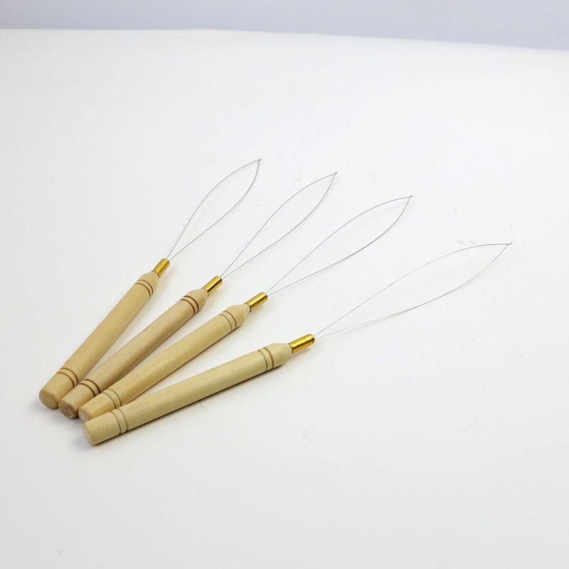 Pulling Needle Loop Threader Wooden Handle needles for micro bead human hair hair extensions tools in stock