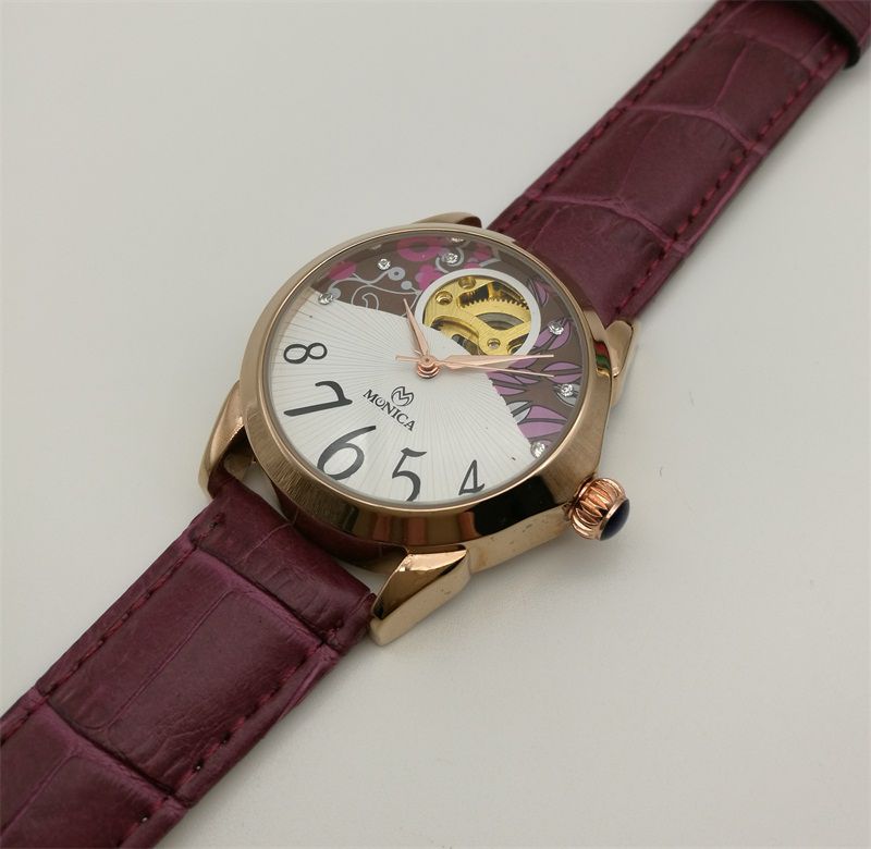 New Automatic Mechanical Watches Woman's Leather Hollowed Out Watch Fashion Muonic Brand Gold Perspective Movement watch
