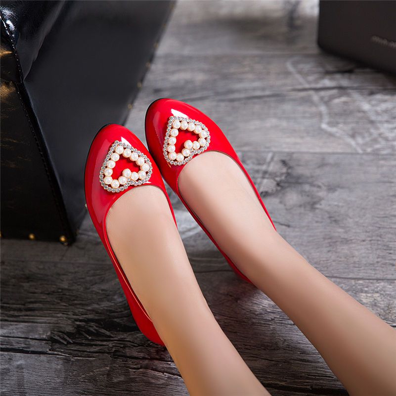 Casual Women Flats Low Heel Ballet Patent Leather Heart Rhinstone Pearl Spring Summer Autumn Office Sweet Red Boat Ladies Shoes17-6