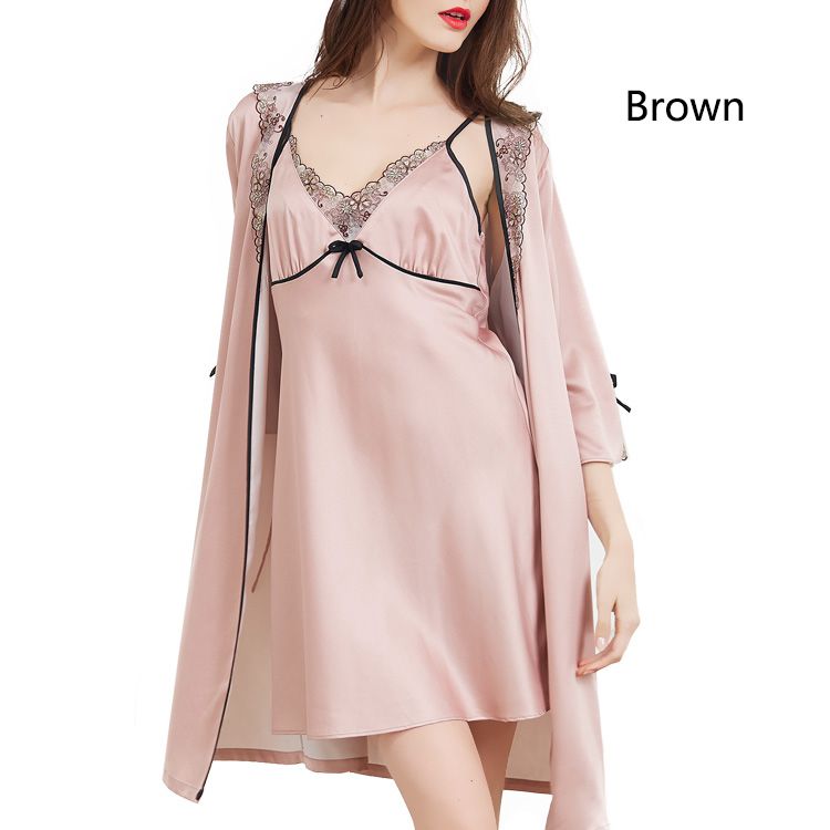 MS spring new lace collar V silk nightgown sling two piece suit