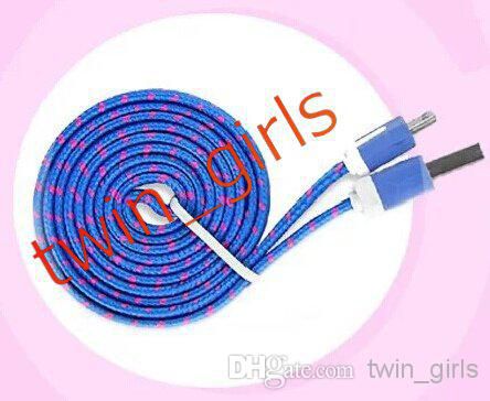 Wholesale - Noodle Braided Micro USB 2.0 Cable Sync Data Charging 1m 2m 3m Cord Flat Woven Fabric Dual Colors for Samsung Galaxy S3 S4 S5