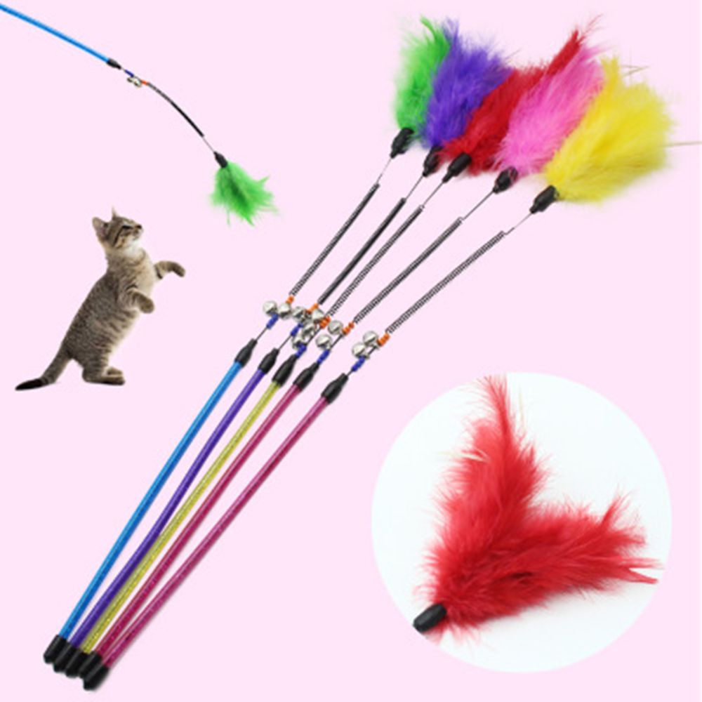 Pet Toy Cat Catcher Toy Wire with Feather Elastic Rod 5PACK