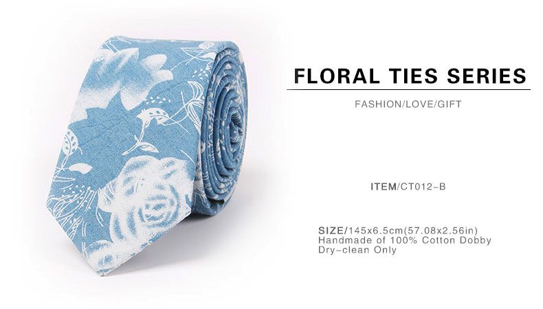 TIESET 100% Cotton Print Floral Necktie Blue Background With White Flowers Men&#039;s Casual Dress Free Shipping