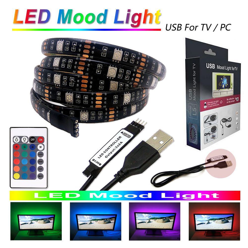 5V USB LED Mood light strips for TV 6.6ft 5050 60LEDs RGB LED Striplight Back Flexible Lighting String Kit+24key IR Remote Controller