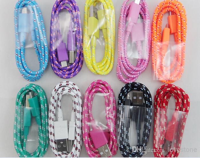 Wholesale - Micro V8 USB Braided Charger Cable for Samsung Extension Woven 2M 6ft 3M 10ft Wire Data Sync Nylon Line 5 pin Cords for HTC S3