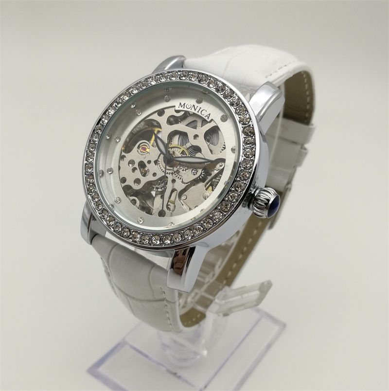 Mechanical Watches Automatic Leather Belt Woman Fashion Watch White Decorative Drill Hollow Design Perspective Movement Watch